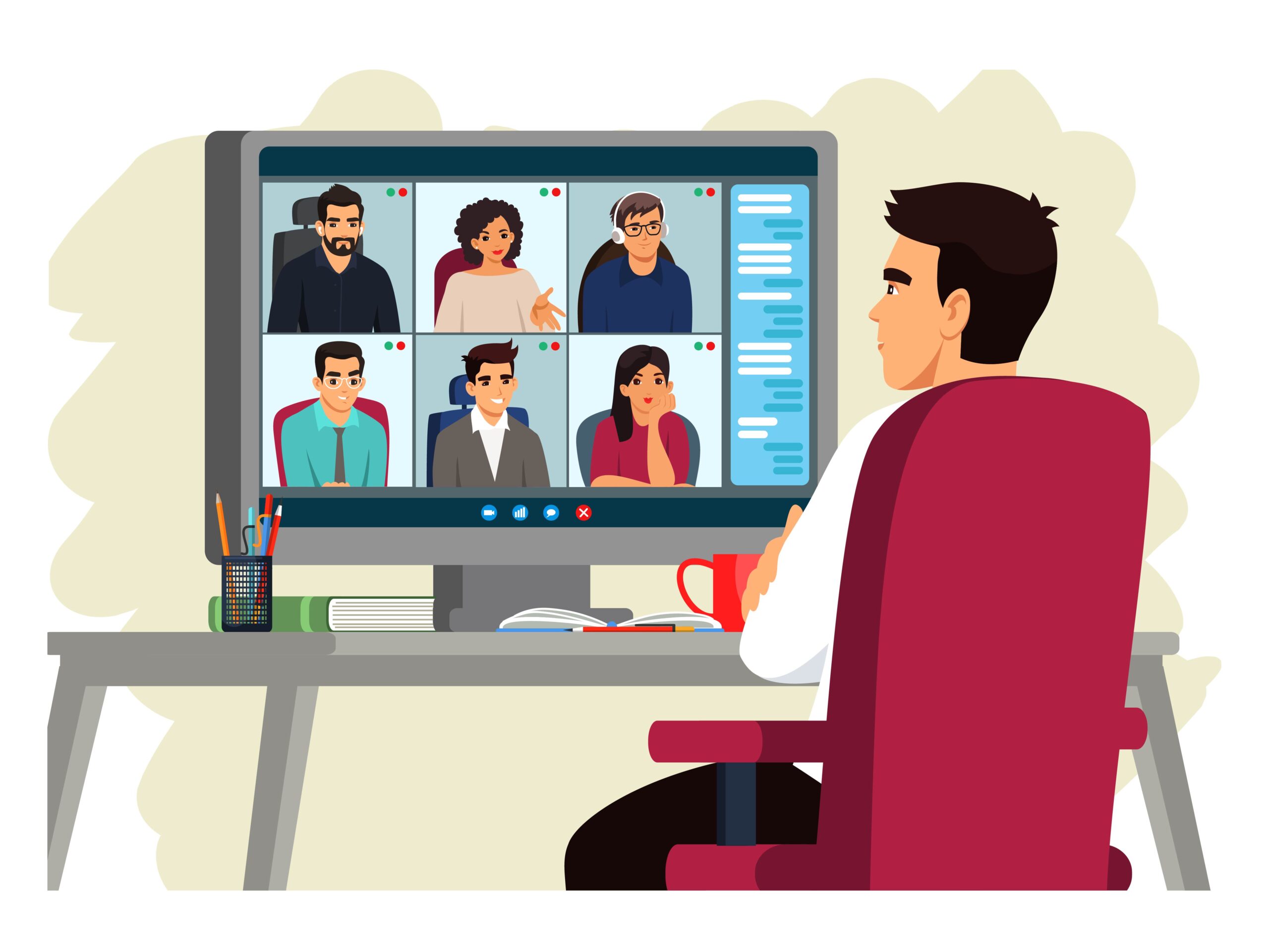 man at online video conference, group communication via computer screen. guy sitting at home chair, listening to meeting or webinar, remote working or learning.